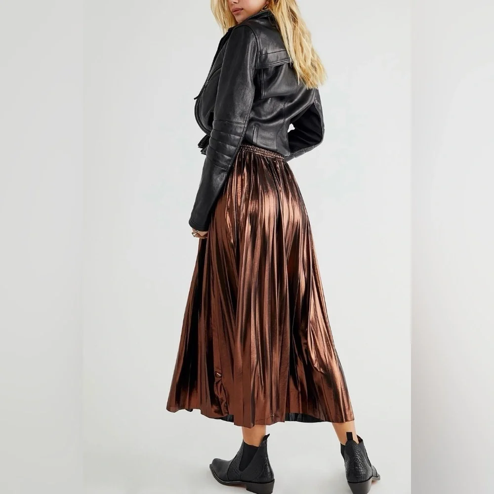 Free People En Saison Pleated Metallic Midi Skirt — Brown, NWT, Size L